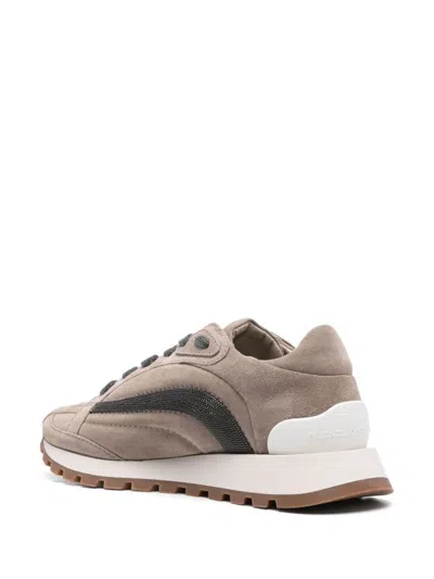 Brunello Cucinelli Monili-embellished Suede Sneakers In Brown