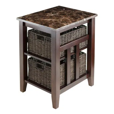 Hivvago Accent Table With 2 Foldable Corn Husk Baskets Faux Marble Top Chocolate And Walnut