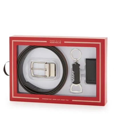 Perry Ellis Men's Belt Money Clip And Multi-tool Gift Set In Black