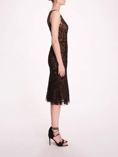 Shop Marchesa Embroidered Tulle Midi Dress In Black