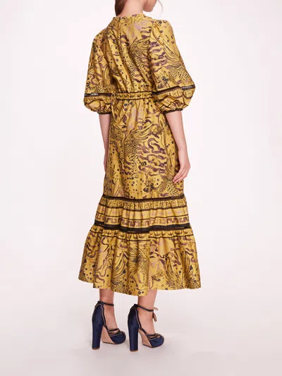 Shop Marchesa Flying Cheetah Tiered Midi Dress In Yellow Multi