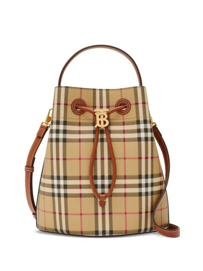 Burberry Small Check Drawstring Bucket Bag In Beige