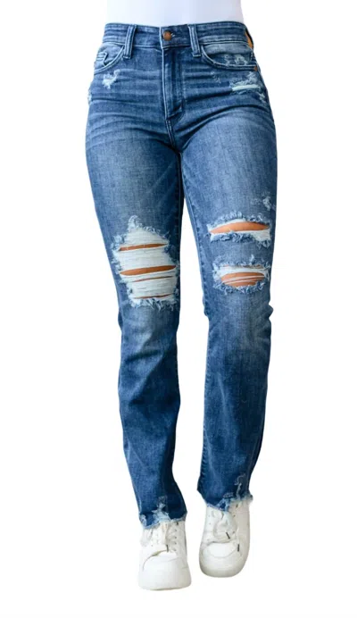 Judy Blue High Contrast Slim Bootcut Destroyed Jeans In Dark Wash In Blue