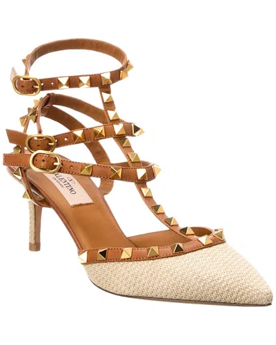 Valentino Rockstud Caged 65 Leather & Raffia Ankle Strap Pump In Brown