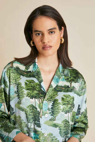 OLIVIA VON HALLE CASABLANCA HYDE PARK GREEN PYJAMAS IN SILK SATIN 