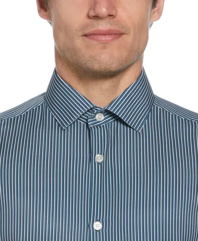 Shop Perry Ellis Men's Slim Fit Total Stretch Tri-color Striped Print Dress Shirt In Blue Wing Teal