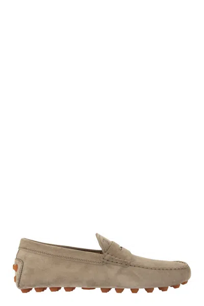 Tod's Luxurious Brown Rubber Suede Driver Loafers For Men In Nude & Neutrals