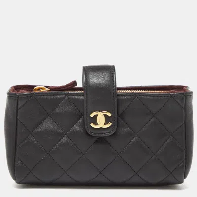 Pre-owned Chanel Quilted Leather Cc Holder Pouch In Black