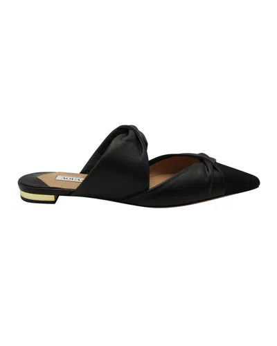 Aquazzura Twist Flat Mules In Black Leather In Black