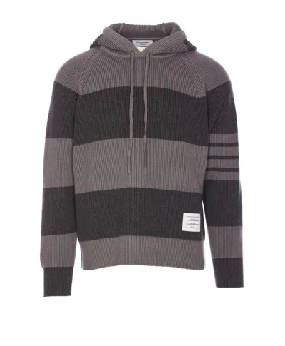 Thom Browne 4-bar Striped Knitted Drawstring Hoodie In Grey