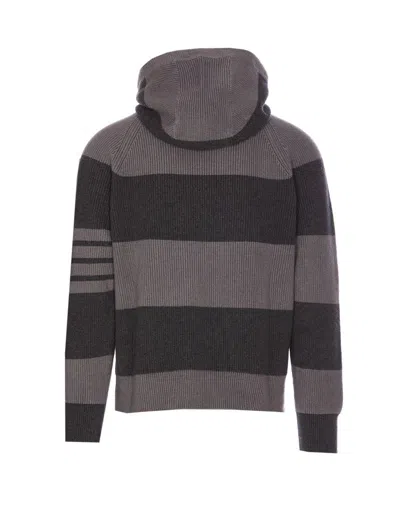 Thom Browne 4-bar Striped Knitted Drawstring Hoodie In Grey