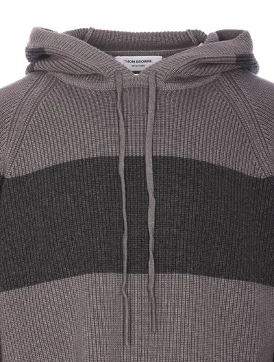 Thom Browne 4-bar Striped Knitted Drawstring Hoodie In Grey