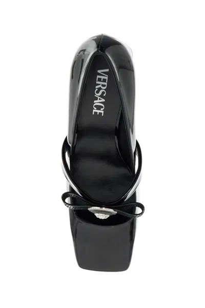 Versace Gianni Ribbon Embellished Patent-leather Pumps In Black