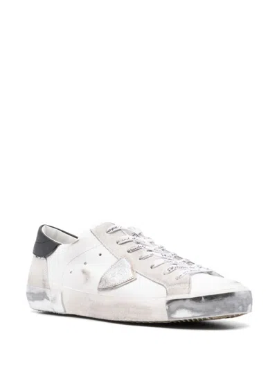 Shop Philippe Model Calf Leather Prsx Sneakers In Vintage-effect In Bianco E Argento