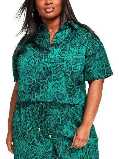 Nina Parker Plus Womens Collar Button Down Pullover Top In Multi