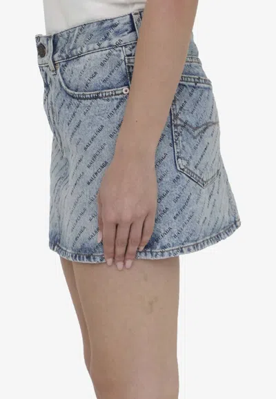 Shop Balenciaga All-over Logo Mini Denim Skirt In Blue