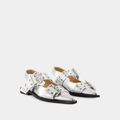 Shop Ganni Feminine Buckle Ballerinas In Silver