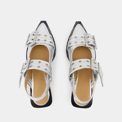 Shop Ganni Feminine Buckle Ballerinas In Silver