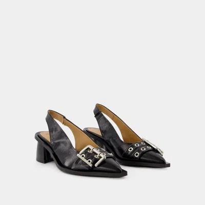 Shop Ganni Feminine Buckle Slingback In Black