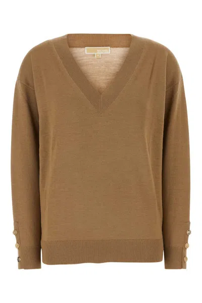 Michael Kors Ribbed Cuffs Wool V-neck Sweater In Brown