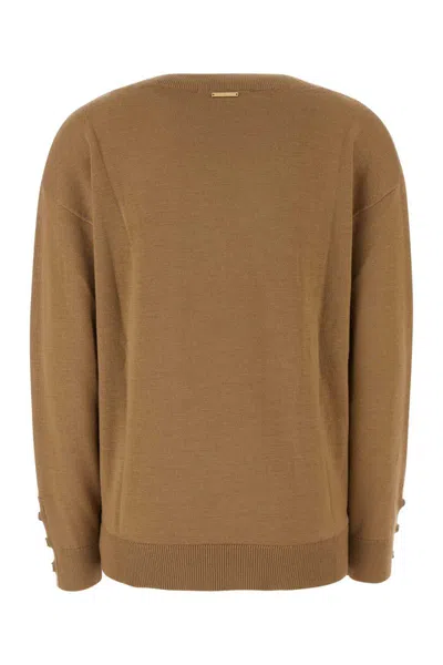 Michael Kors Ribbed Cuffs Wool V-neck Sweater In Brown