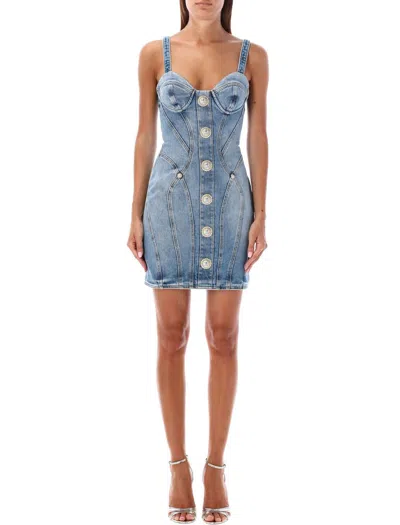 Shop Balmain Mini Denim Dress Bustier In Blue