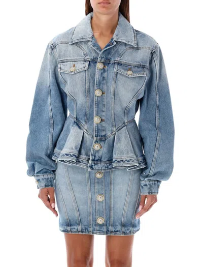 Balmain Peplum Denim Jacket In Blue