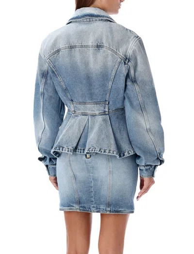 Balmain Peplum Denim Jacket In Blue