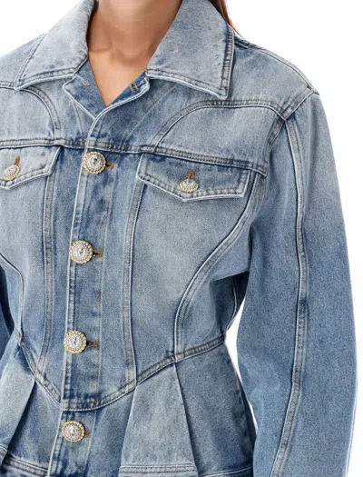 Balmain Peplum Denim Jacket In Blue