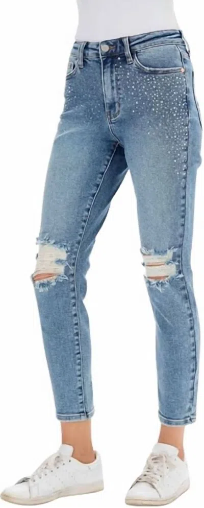 Judy Blue Rhinestone Slim Fit Jeans In Medium Wash In Multi