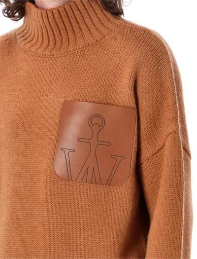 Shop Jw Anderson J.w. Anderson Leather Patchpocket High Neck Knit In Tobacco