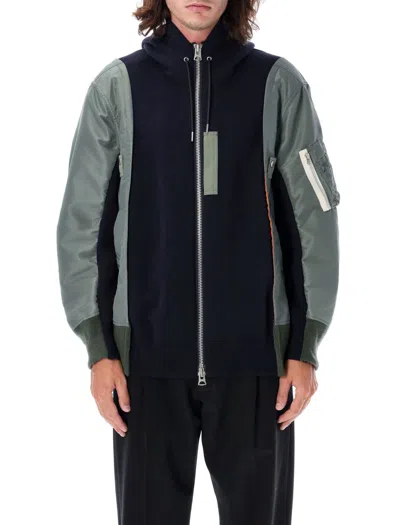 Shop Sacai Bomber Fleece Hoodie Zip In Navy Khaki