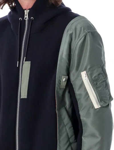 Shop Sacai Bomber Fleece Hoodie Zip In Navy Khaki