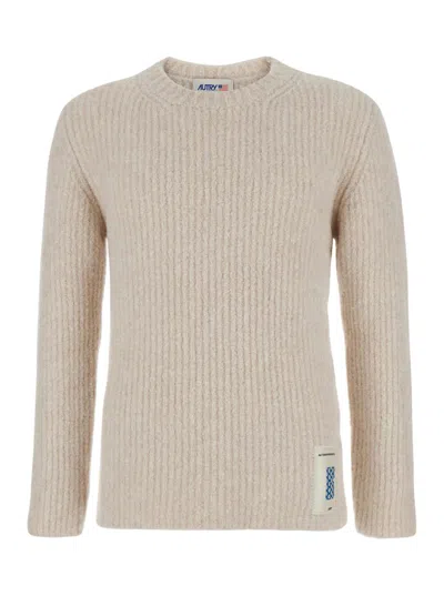 Autry Beige Crewneck Sweater With Logo Patch In White