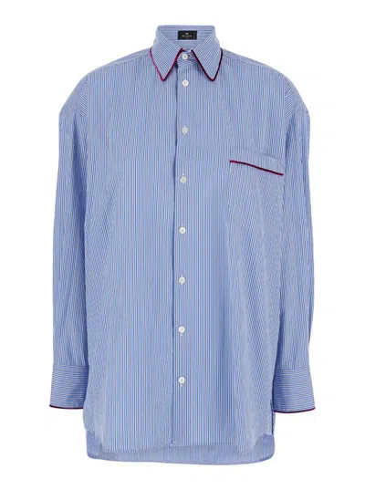 Shop Etro Oversized Light Blue Striped Shirt In Cotton Woman