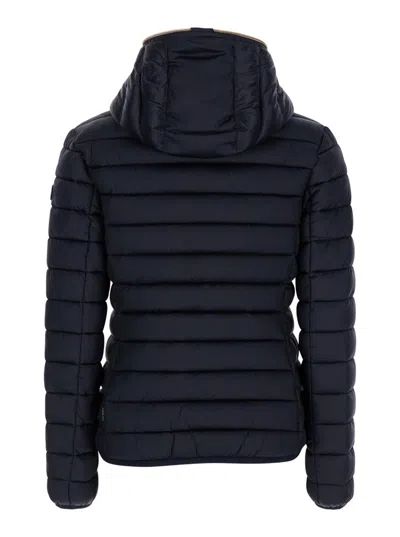 Save The Duck 'alexis' Blue Hooded Down Jacket With Tonal Logo Print In Shiny Nylon Woman In Blue