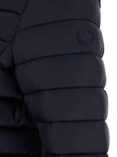 Save The Duck 'alexis' Blue Hooded Down Jacket With Tonal Logo Print In Shiny Nylon Woman In Blue