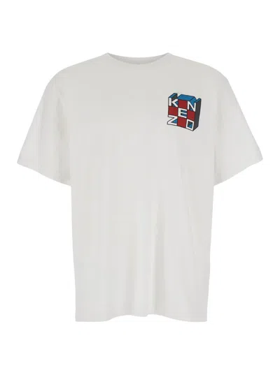 Shop Kenzo White Crewneck T-shirt With Kube Logo Print In Cotton Man