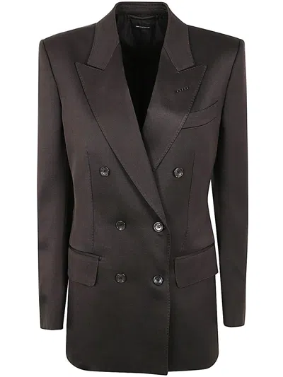 Tom Ford Silk And Wool Twill Double Breasted Jacket In Brown