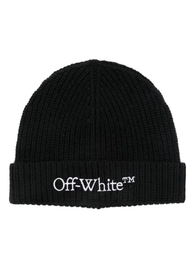 Shop Off-white Black Ribbed Wool Beanie With Embroidered Logo In Nero E Bianco