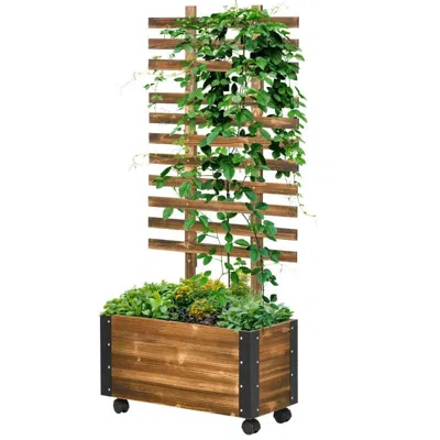 Quikfurn Farmhouse Rustic Wooden Raised Garden Bed Planter With Trellis On Wheels