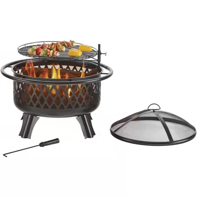 Quikfurn 30-inch Black Steel Outdoor Fire Pit Grill With Screen And Poker