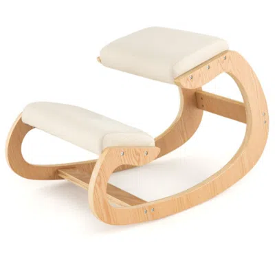 Hivvago Wooden Rocking Chair With Comfortable Padded Seat Cushion And Knee Support-beige