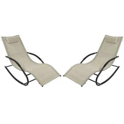 Quikfurn Set Of 2 Beige Rocking Chaise Lounger Patio Lounge Chair With Pillow