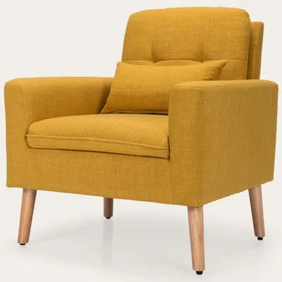 Quikfurn Yellow Linen Mid-century Modern Living Room Accent Chair With Pillow