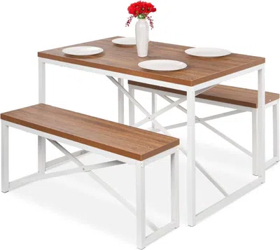 Quikfurn Modern 3-piece Dining Set Wood Top White Metal Frame Table And 2 Bench Chairs