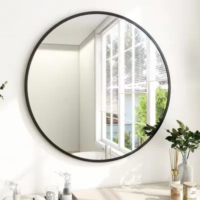 Quikfurn Round 24-inch Circular Bathroom Wall Mirror With Black Frame