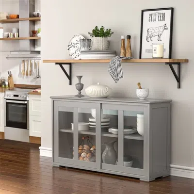 Quikfurn Grey Wood Buffet Kitchen Dining Sideboard Storage Cabinet W/ Glass Sliding Door