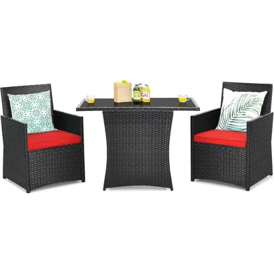 Quikfurn 3-piece Patio Furniture Outdoor Dining Set In Brown Pe Rattan With Red Cushions