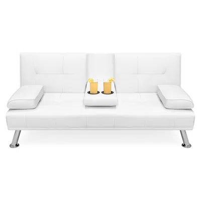 Quikfurn White Faux Leather Convertible Sofa Futon With 2 Cup Holders